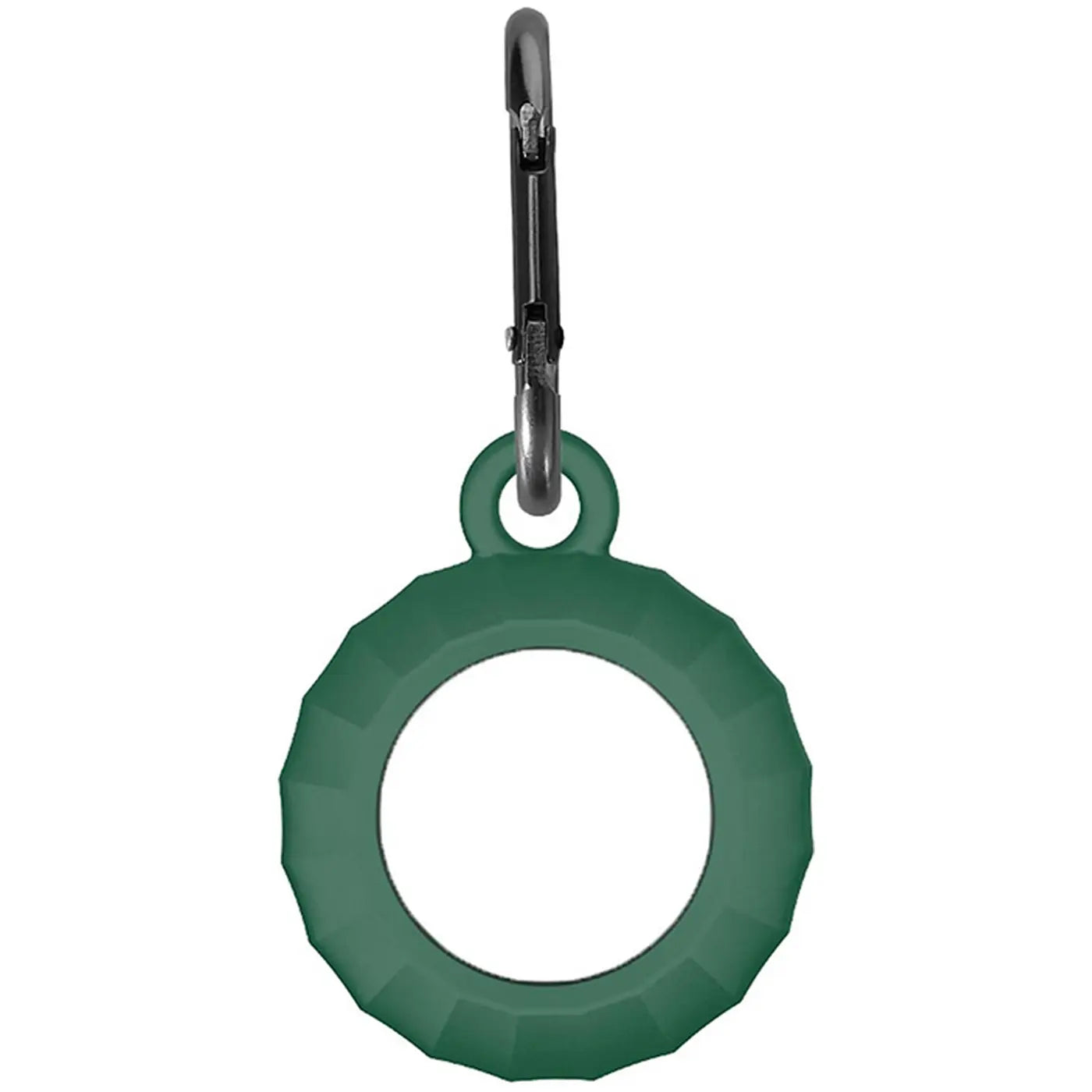 Dunkelgrüne Silikonhülle für Apple AirTag mit Karabiner, von vorne auf weißem Hintergrund.