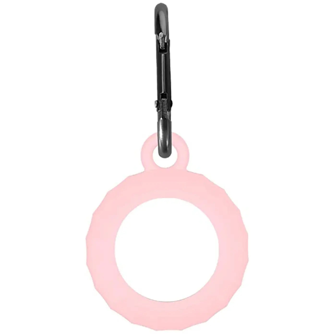 Rosa Silikon-AirTag-Hülle mit Karabiner, von oben betrachtet. Die runde Hülle hat eine Öffnung in der Mitte.