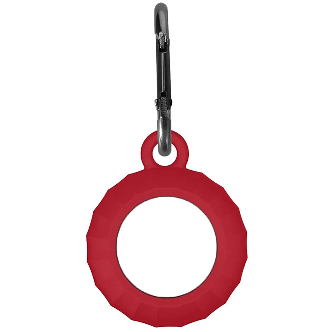 Rote Silikon AirTag Hülle mit Karabiner, von vorne gesehen. Die Hülle ist rund mit geriffelter Kante.