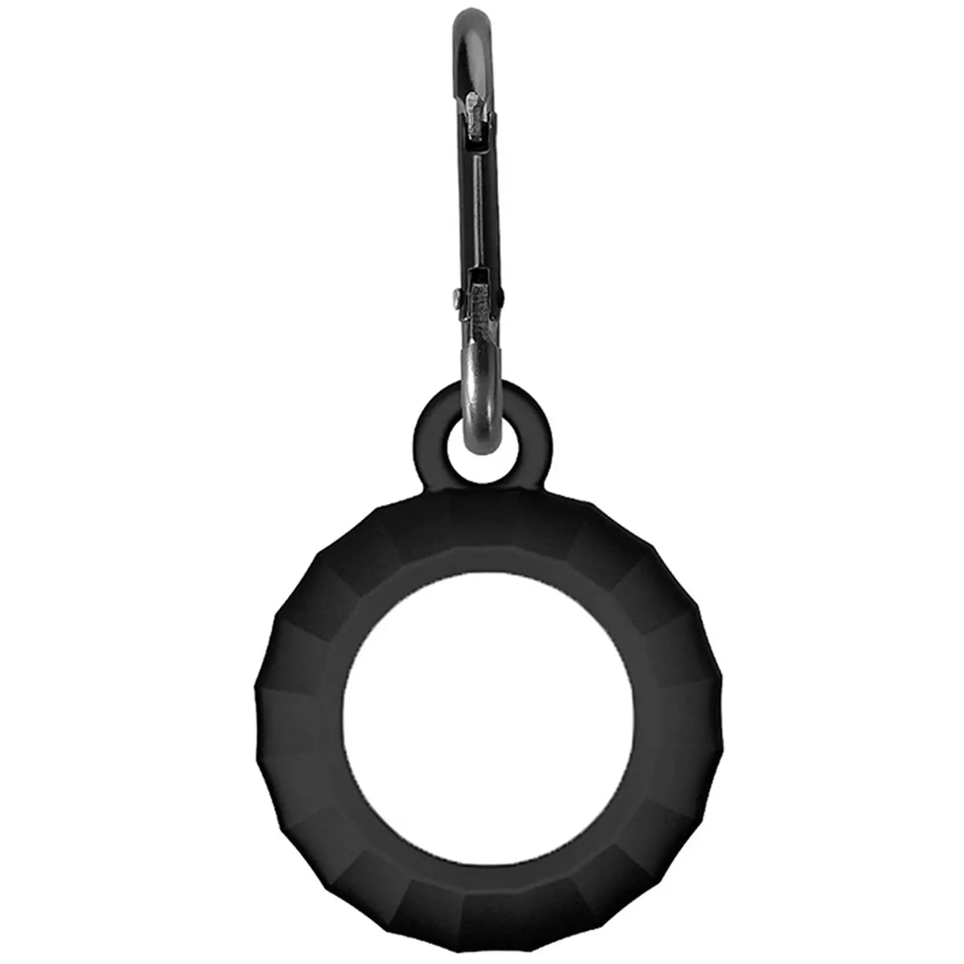 Schwarze Silikonhülle für Apple AirTag mit geriffelter Kante und Karabiner, frontal auf weißem Hintergrund.