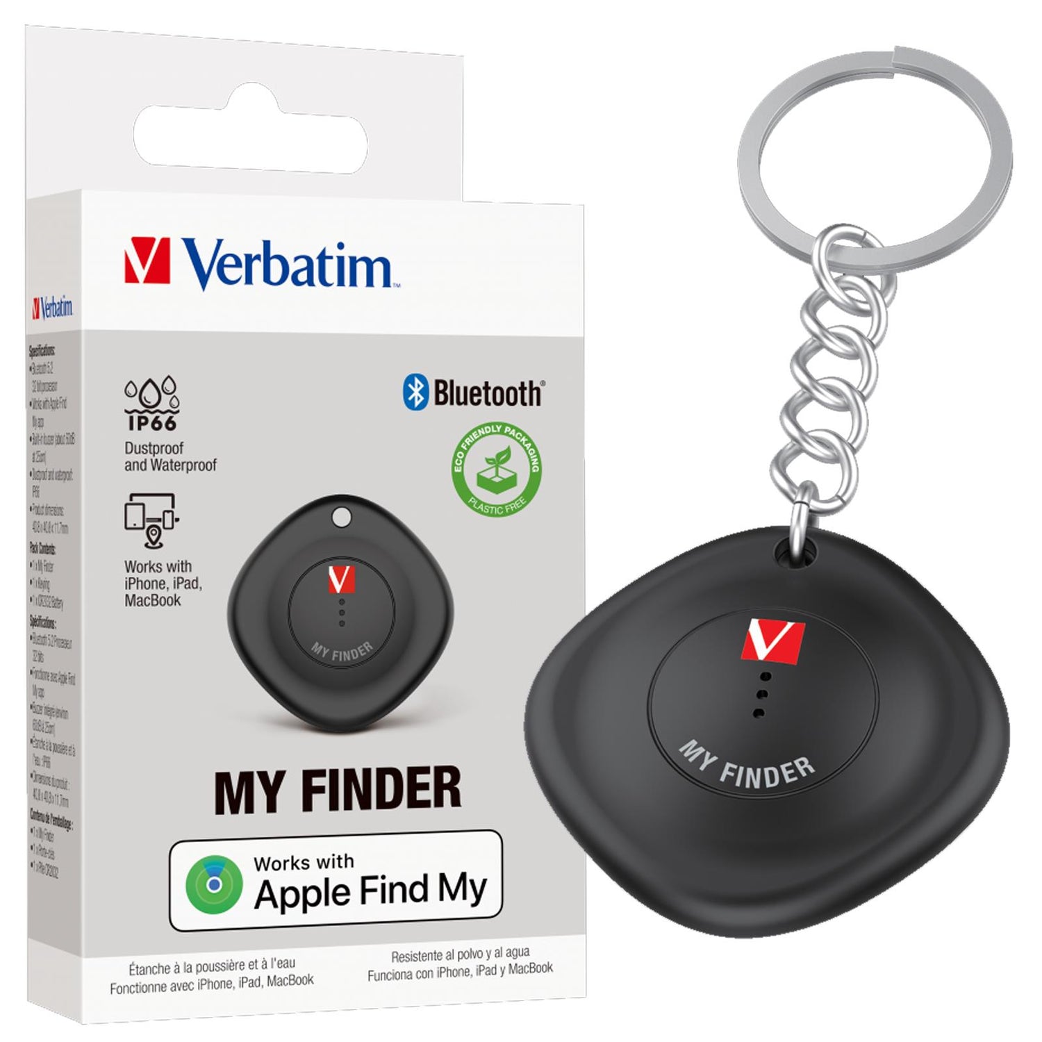 Verbatim Bluetooth Tracker MYF-01 in Schwarz, Kunststoff, mit Schlüsselring, schräg von oben, vor Produktverpackung.