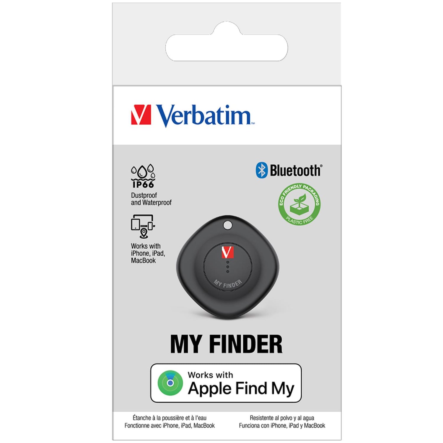 Verbatim Bluetooth Tracker MYF-01 in schwarzem Kunststoff, frontal auf weißer Verpackung mit Verbatim-Logo.