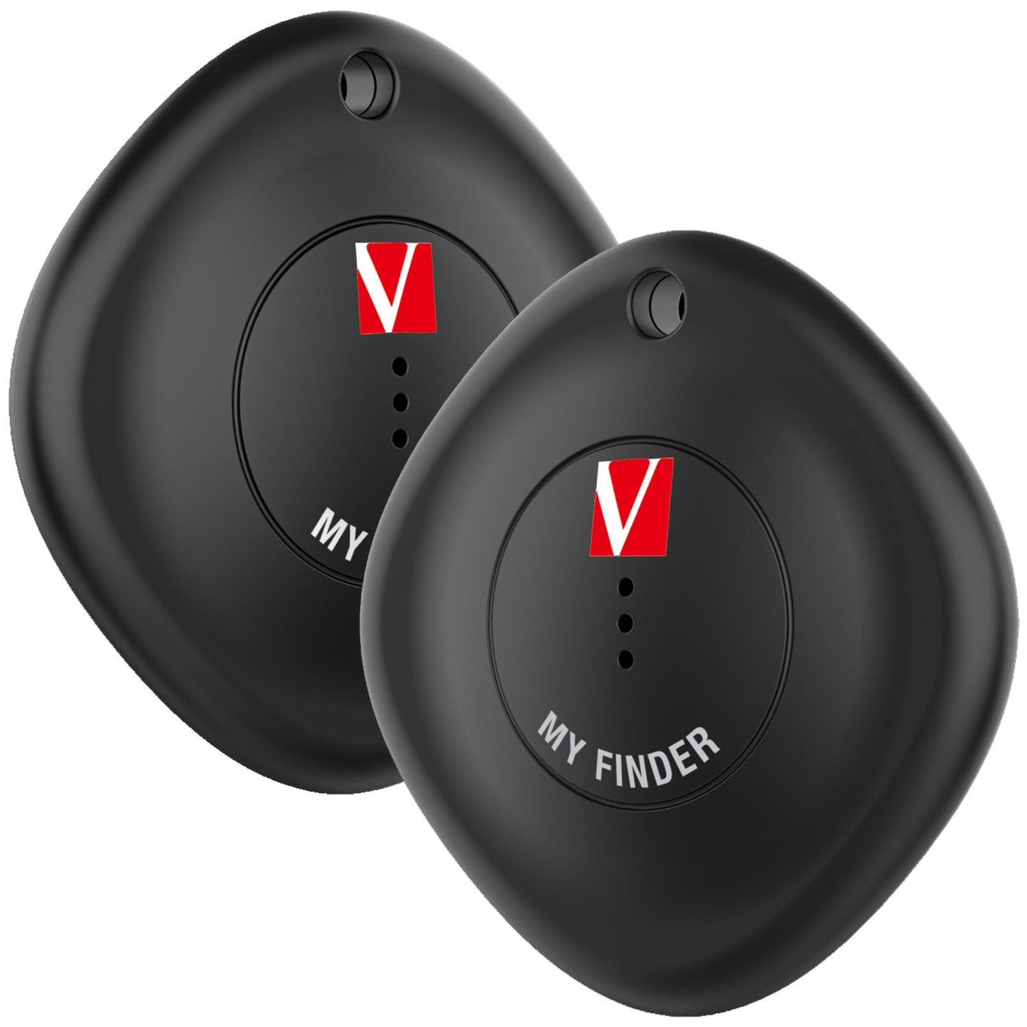 Zwei schwarze, matte Verbatim Bluetooth Tracker MYF-01 aus Kunststoff, leicht schräg von oben.