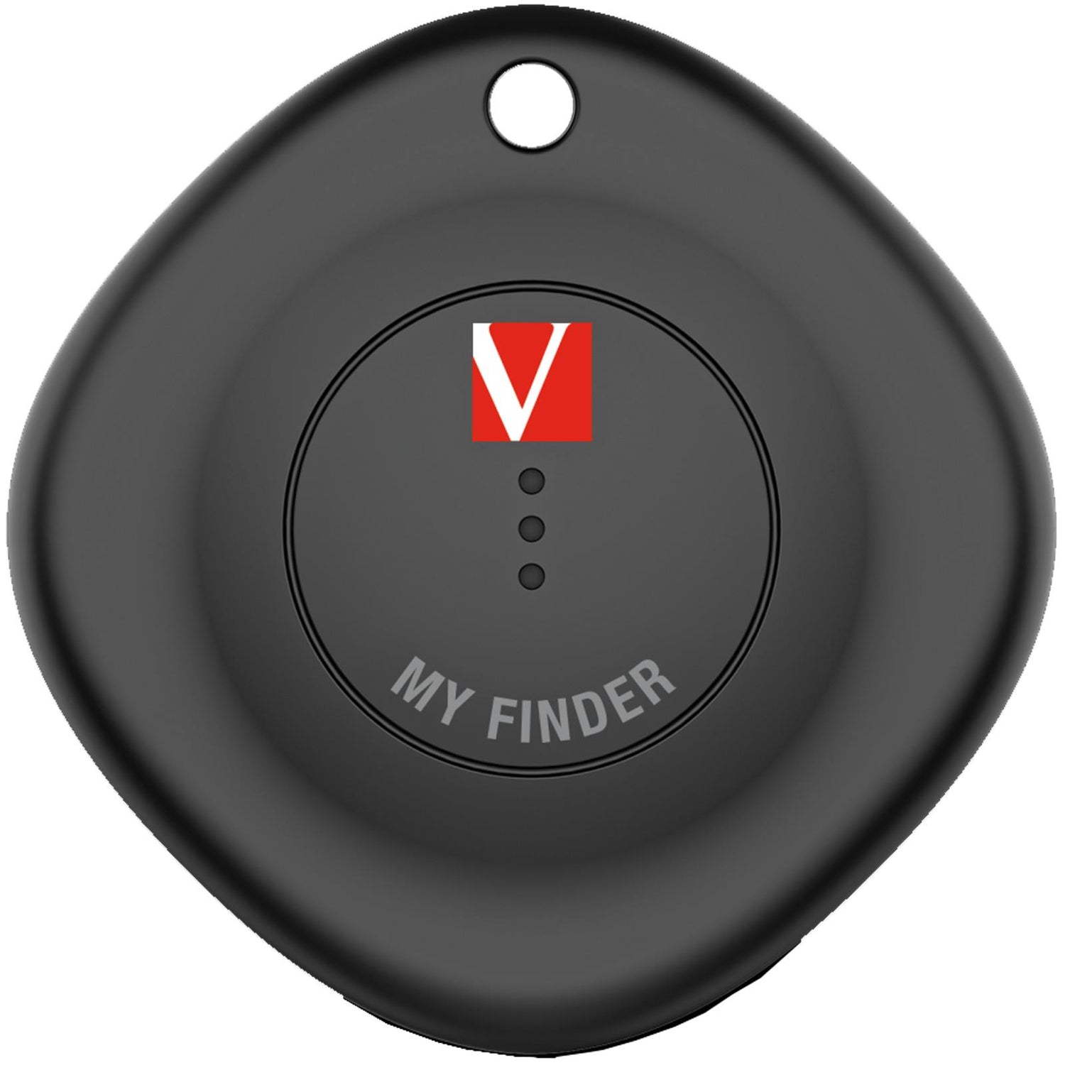 Schwarzer, matter Verbatim Bluetooth Tracker MYF-01 aus Kunststoff, von oben. Rotes "V" Logo, "MY FINDER" Schriftzug.