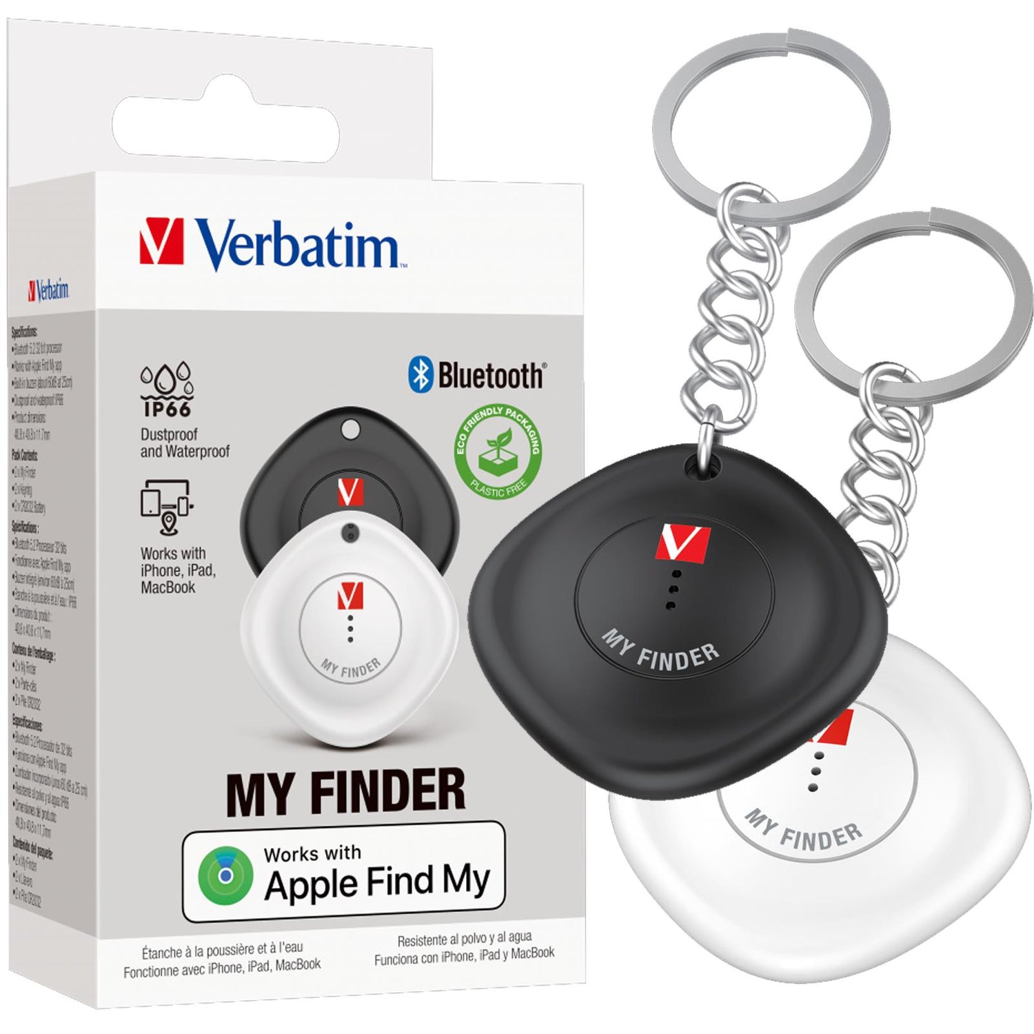 Verbatim Bluetooth Tracker MYF-02, 2er Pack. Schwarzer und weißer Kunststoff-Tracker mit Schlüsselring, schräg von oben.