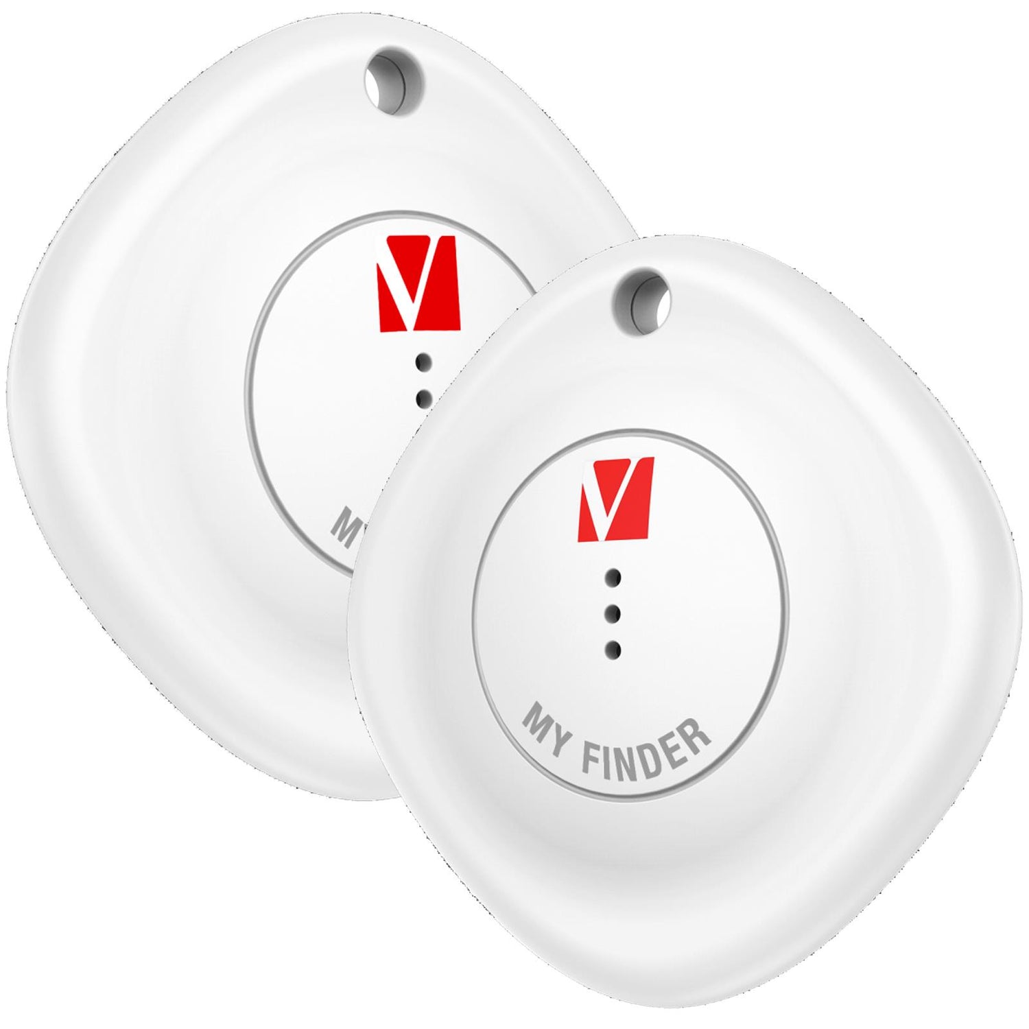 Zwei weiße, quadratisch-abgerundete Verbatim MYF-02 Bluetooth Tracker aus Kunststoff, leicht schräg von oben.