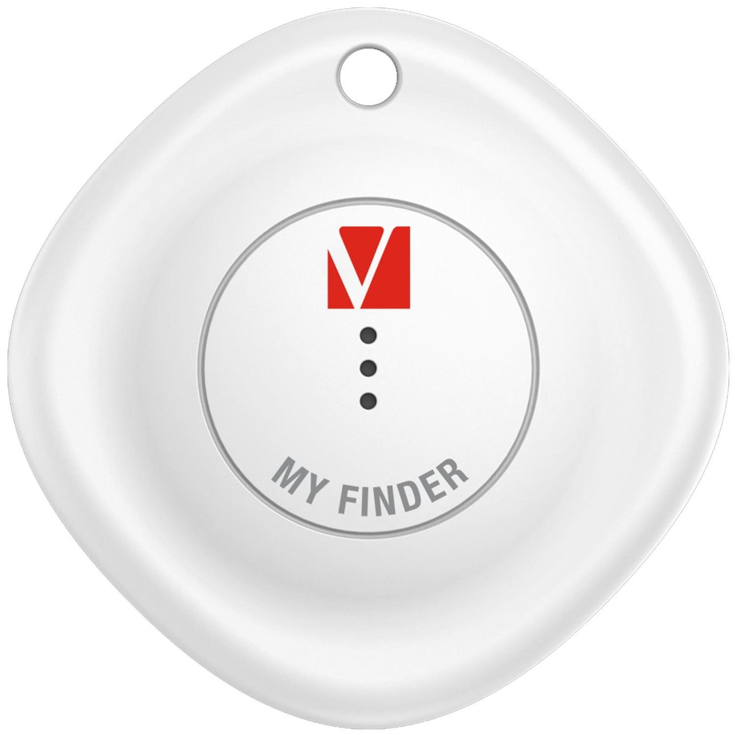 Weißer, quadratisch-abgerundeter Verbatim Bluetooth Tracker aus Kunststoff, Draufsicht. Rotes "V" und "MY FINDER" Schriftzug.