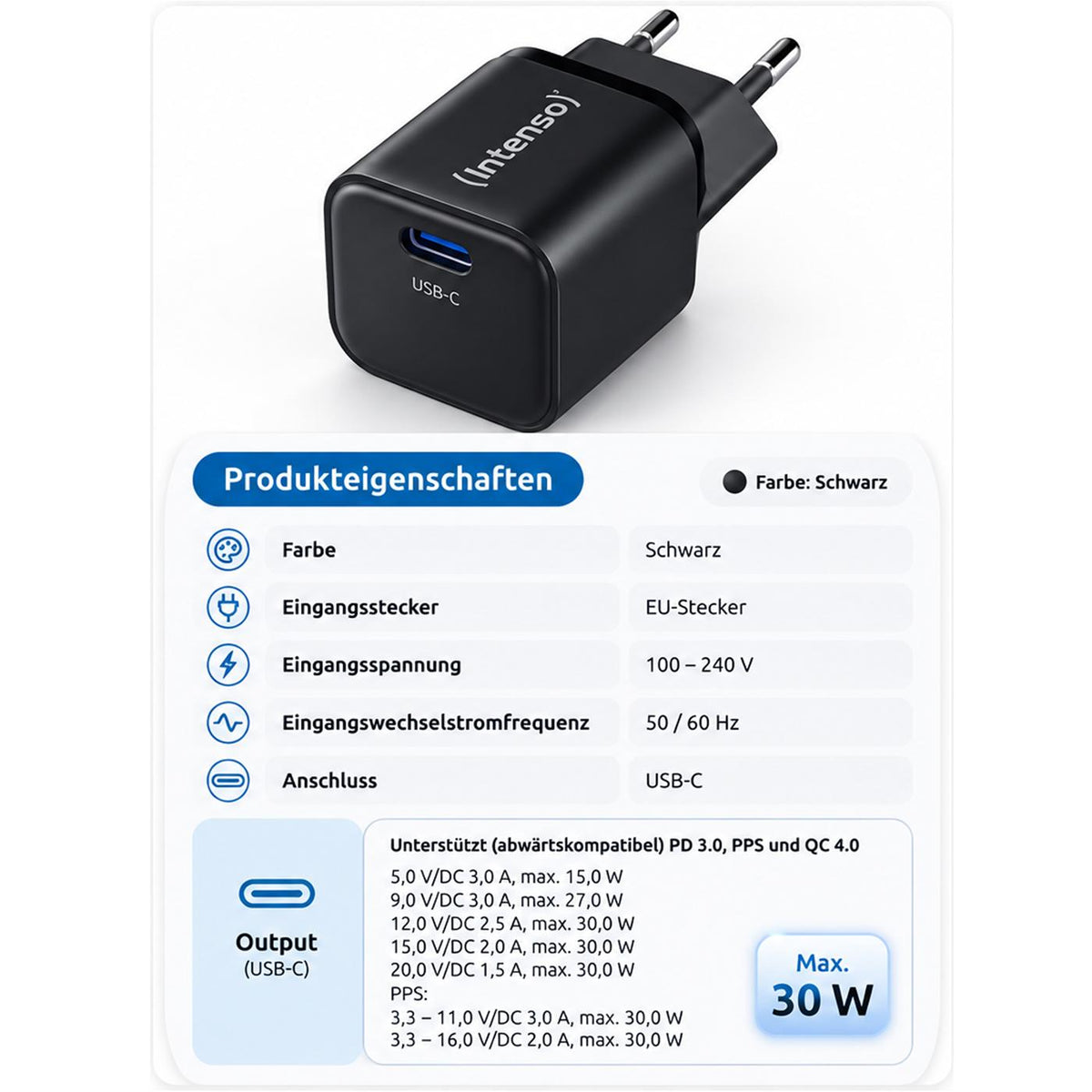 Intenso W30C GaN Ladegerät 30W Schwarz