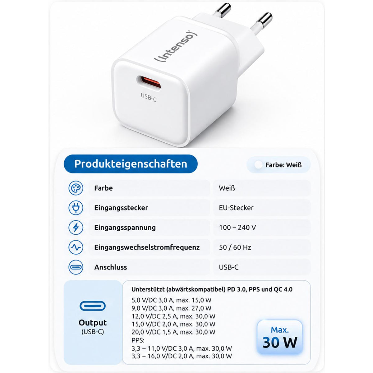 Intenso W30C GaN Ladegerät 30W Weiss