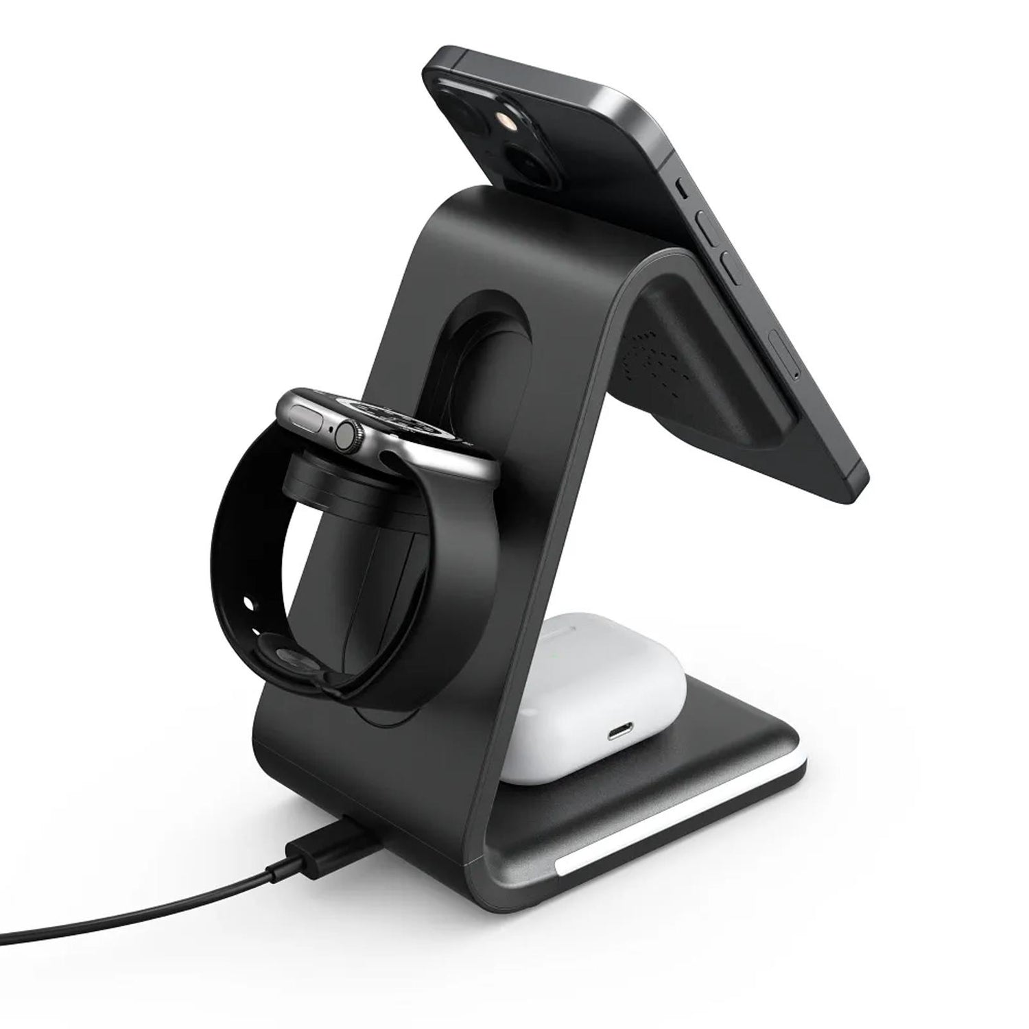 Schwarze Ladestation aus Kunststoff mit iPhone, Apple Watch und AirPods-Ladecase, Seitenansicht.