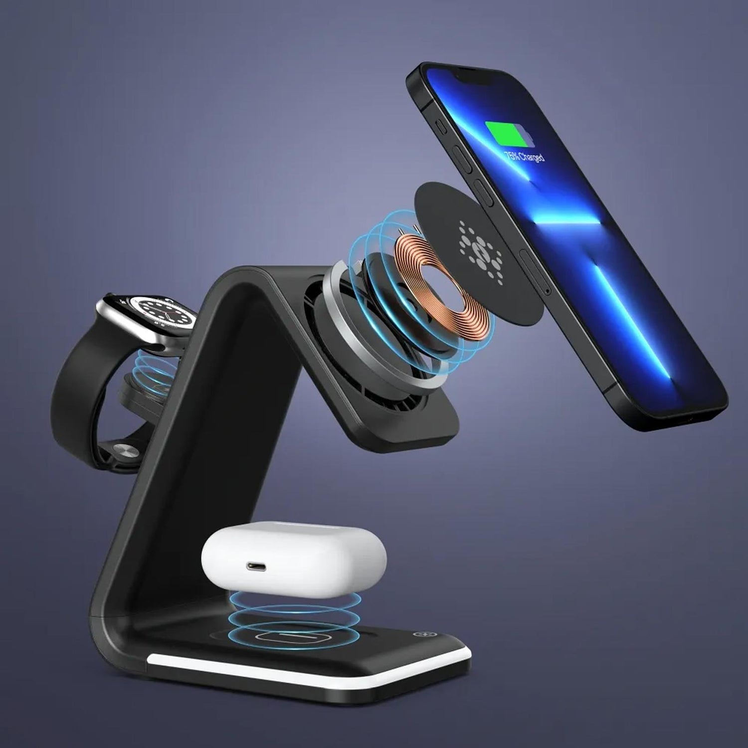 Schwarze Ladestation aus Kunststoff mit Apple Watch, AirPods und iPhone.