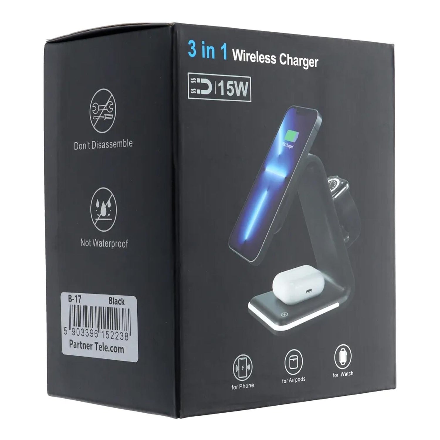 Schwarze 3-in-1 Wireless Ladestation mit iPhone, AirPods, Apple Watch. Frontansicht.