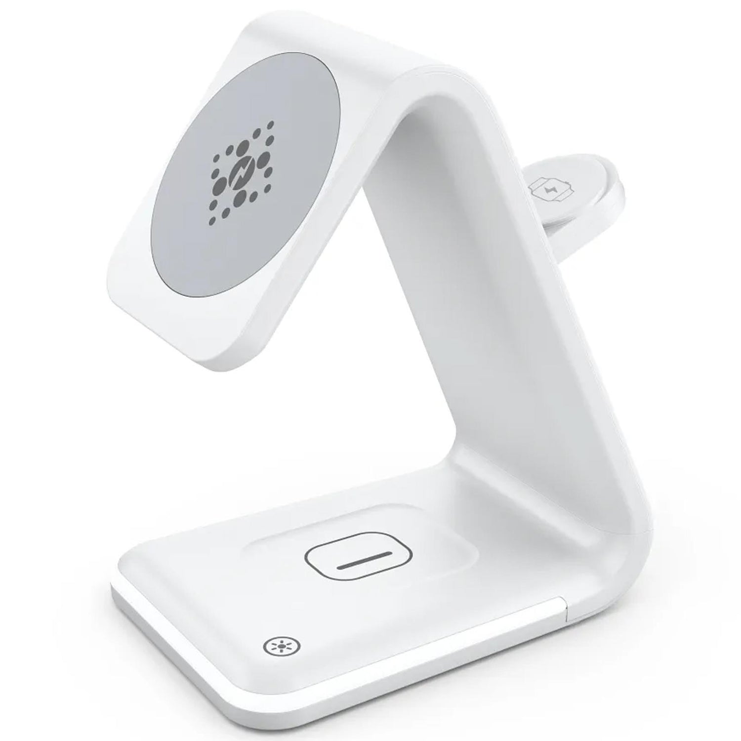 Weiße Ladestation aus Kunststoff für Apple Geräte, von vorne schräg fotografiert.