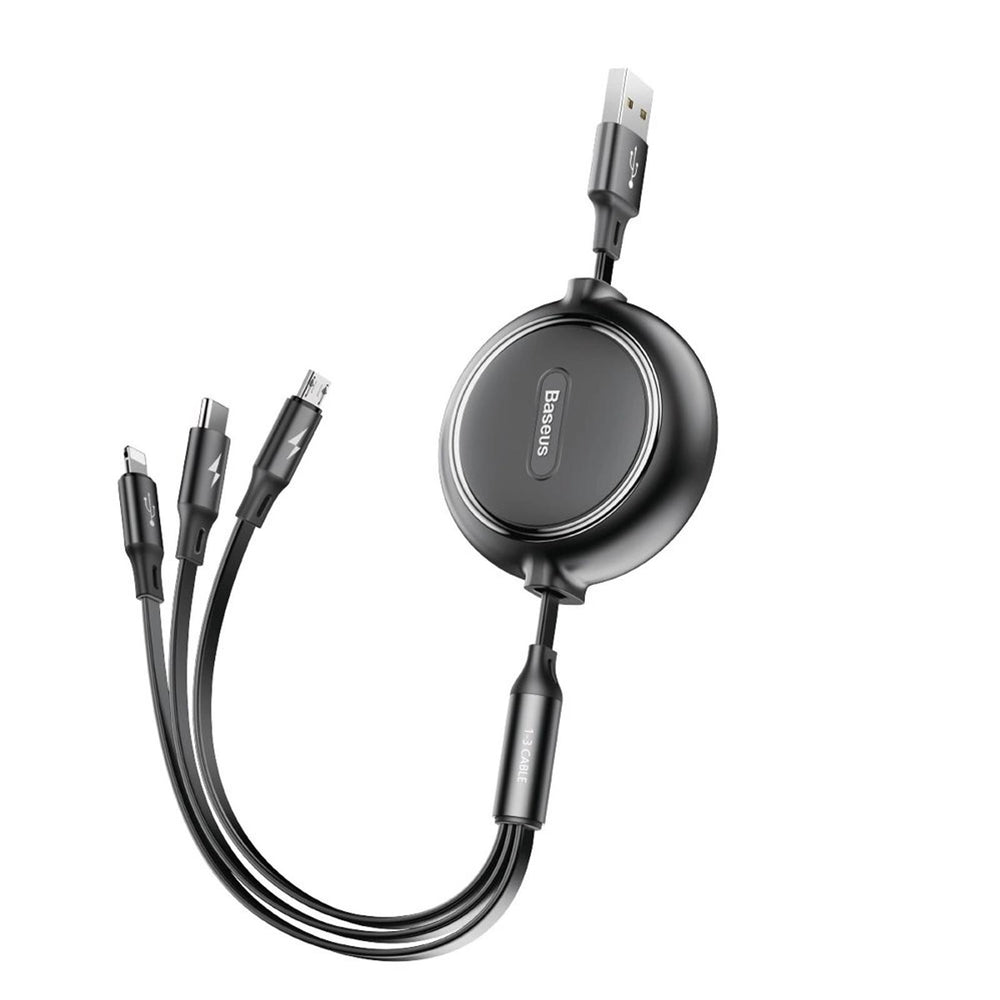 Baseus 3-in-1 Ladekabel mit Lightning, Micro-USB und USB-C, einziehbar und vielseitig.