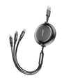 Baseus 3-in-1 Ladekabel mit Lightning, Micro-USB und USB-C, einziehbar und vielseitig.