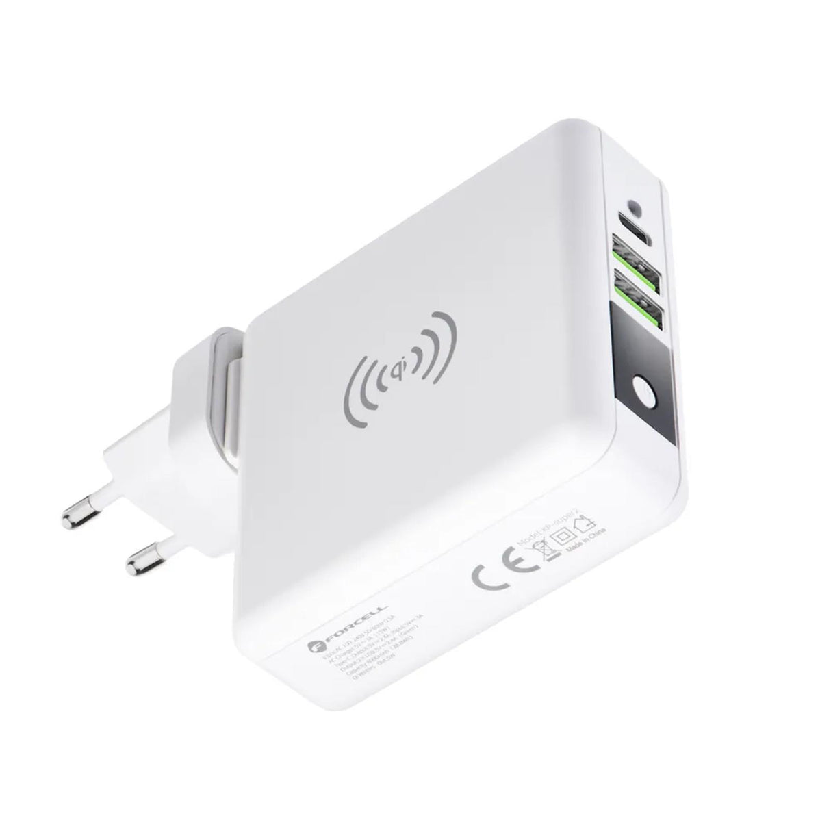 Forcell 4-in-1 Reiseladegerät mit USB-Anschlüssen und kabelloser Qi-Ladefunktion