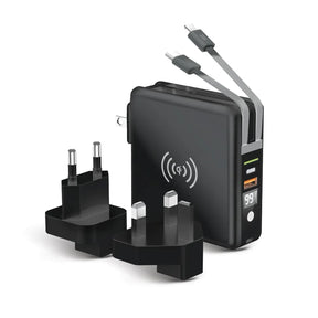 Forcell 5-in-1 Reiseladegerät mit USB-Anschlüssen, integrierten Kabeln und Qi-Ladefunktion