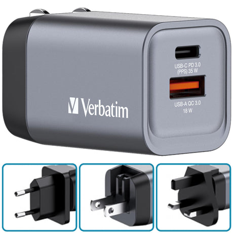 Verbatim 35W Ladegerät mit USB-C PD 3.0 und USB-A QC 3.0, austauschbare Stecker, ideal für internationale Reisen.