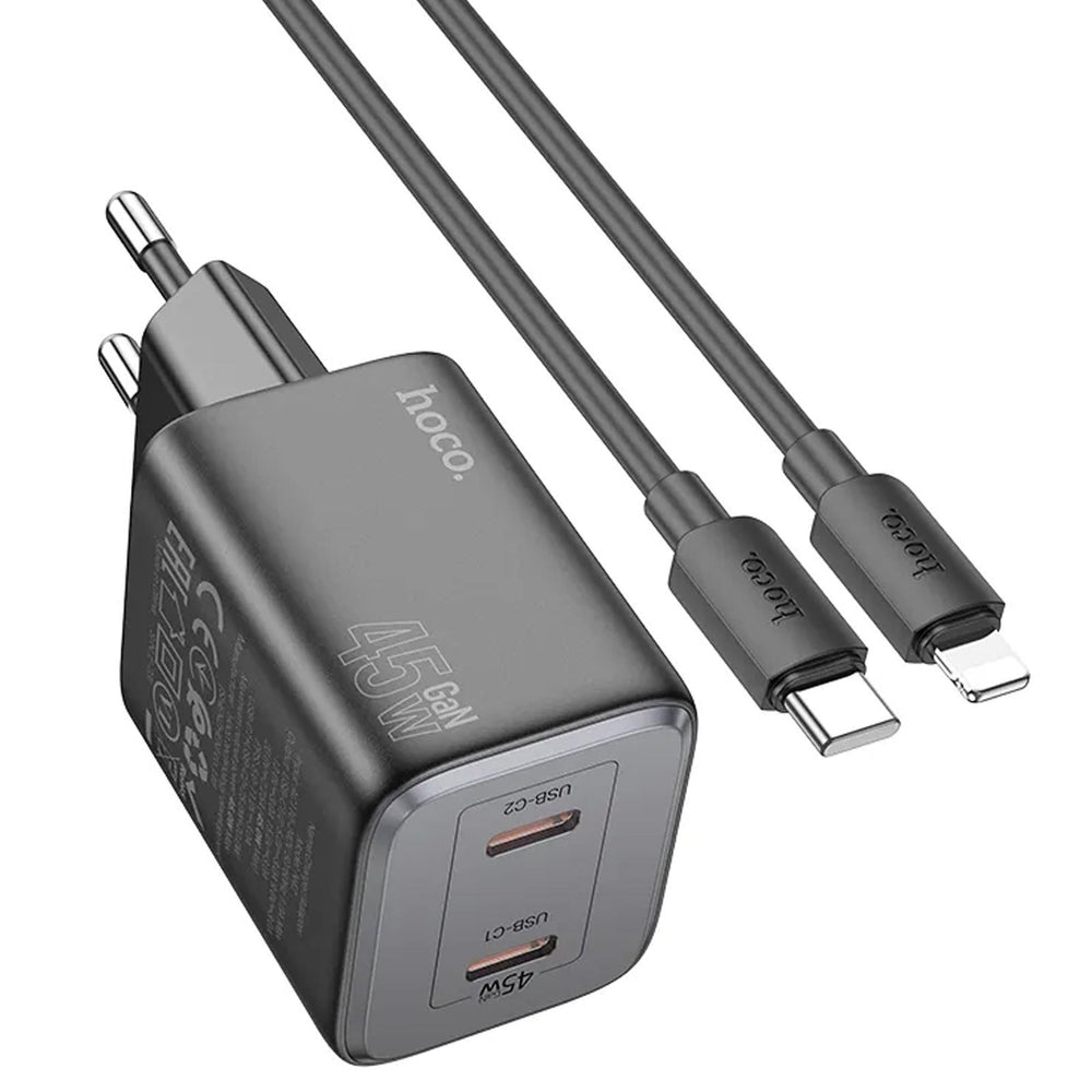 Hoco N42 Ladegerät Set, schwarz, mit 45W Leistung, USB-C Anschluss und Lightning-Kabel.