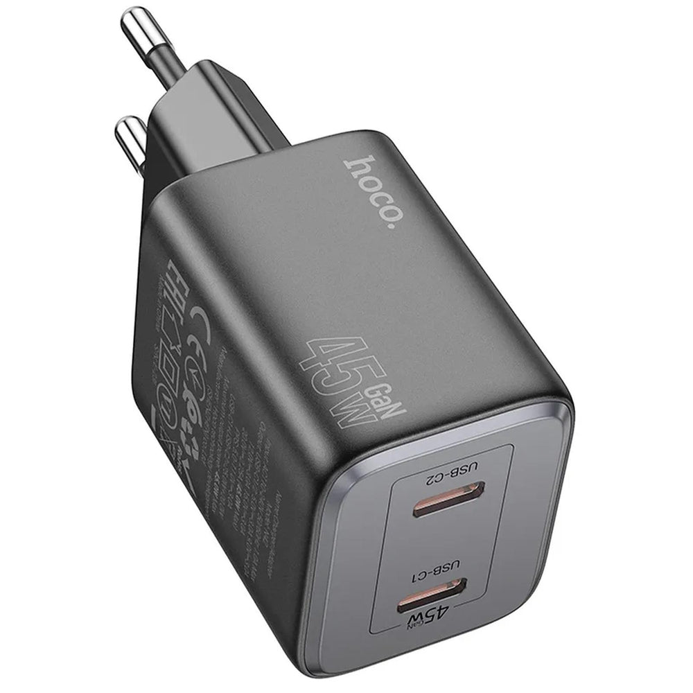 Hoco N42 45W Ladegerät, schwarz, mit Dual USB-C Anschlüssen für schnelles Laden.