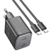 Hoco N42 45W Ladegerät Set, Schwarz, mit Dual USB-C Anschlüssen und USB-C Kabel.