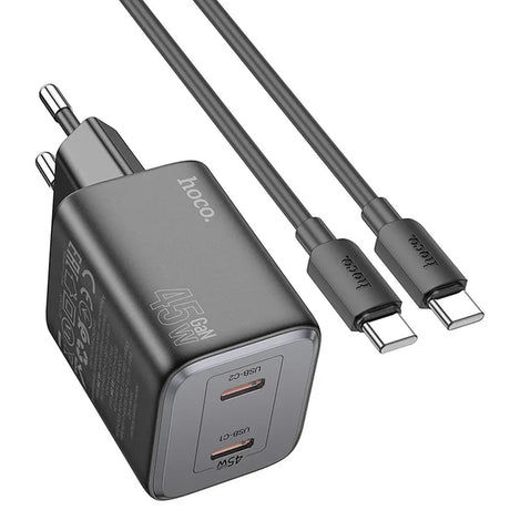 Hoco N42 45W Ladegerät Set, Schwarz, mit Dual USB-C Anschlüssen und USB-C Kabel.