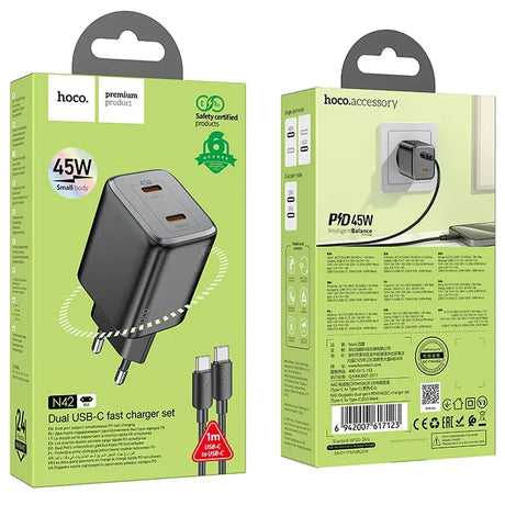 GaN USB-C Netz-Ladegerät Hoco N42 mit 2 USB-C Anschlüssen und Kabel-Option