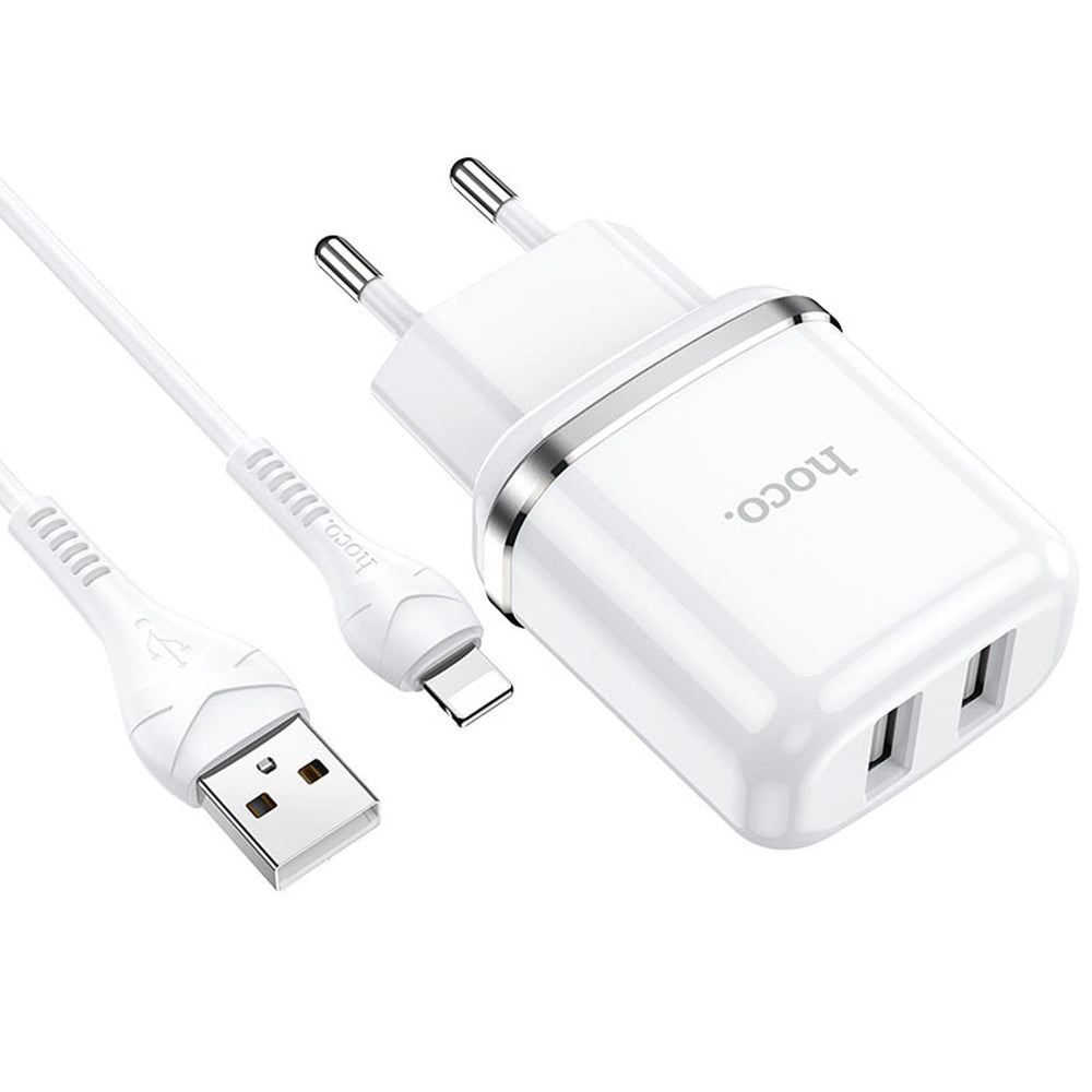 Hoco N4 Ladegerät Set, weiß, mit zwei USB-Anschlüssen und Lightning-Kabel für iPhones und iPads.