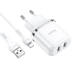 Hoco N4 Netz Ladegerät mit 2 USB Anschlüssen als Solo oder mit Lightning USB-C Micro-USB Kabel