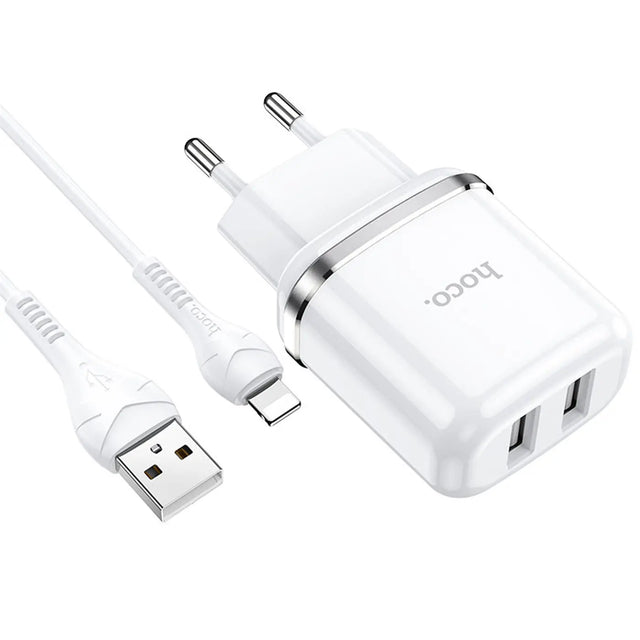 Hoco N4 Netz Ladegerät mit 2 USB Anschlüssen als Solo oder mit Lightning USB-C Micro-USB Kabel