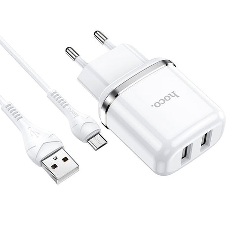 Hoco N4 Ladegerät Set, weiß, mit zwei USB-Anschlüssen und Micro-USB-Kabel für Smartphones und Tablets.