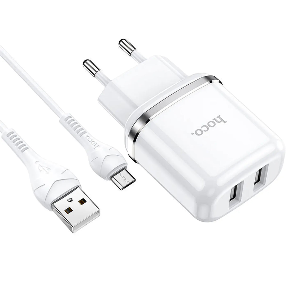 Hoco N4 Netz Ladegerät mit 2 USB Anschlüssen als Solo oder mit Lightning USB-C Micro-USB Kabel