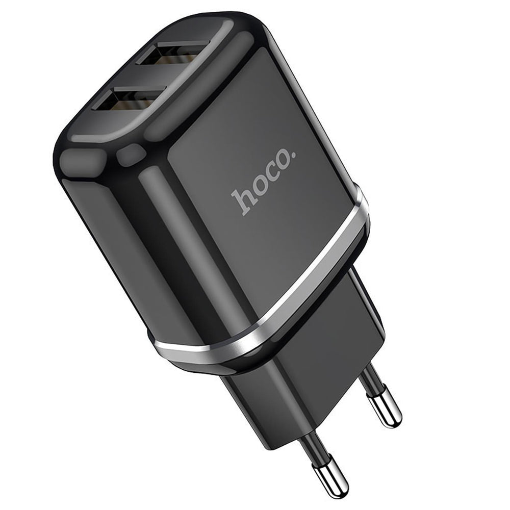 Hoco N4 Ladegerät, schwarz, mit zwei USB-Anschlüssen für effizientes Laden von Smartphones und Tablets.