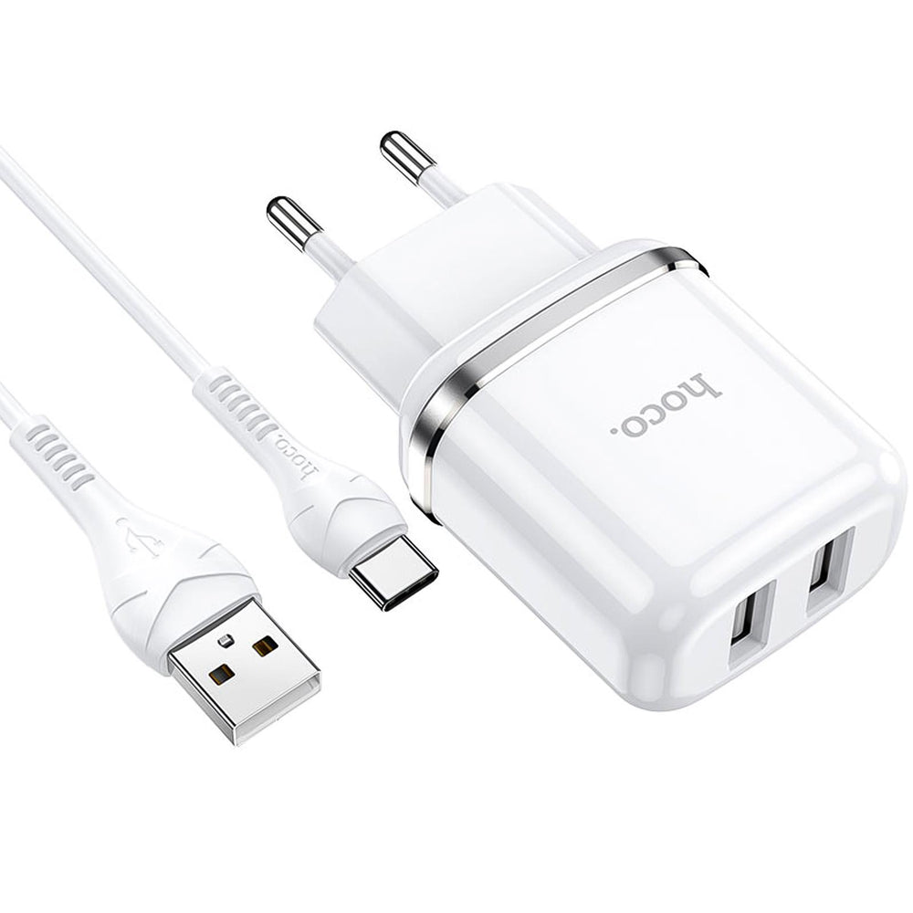 Hoco N4 Ladegerät Set, weiß, mit zwei USB-Anschlüssen und USB-C Kabel für schnelles und sicheres Laden.