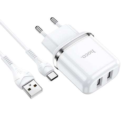Hoco N4 Ladegerät Set, weiß, mit zwei USB-Anschlüssen und USB-C Kabel für schnelles und sicheres Laden.