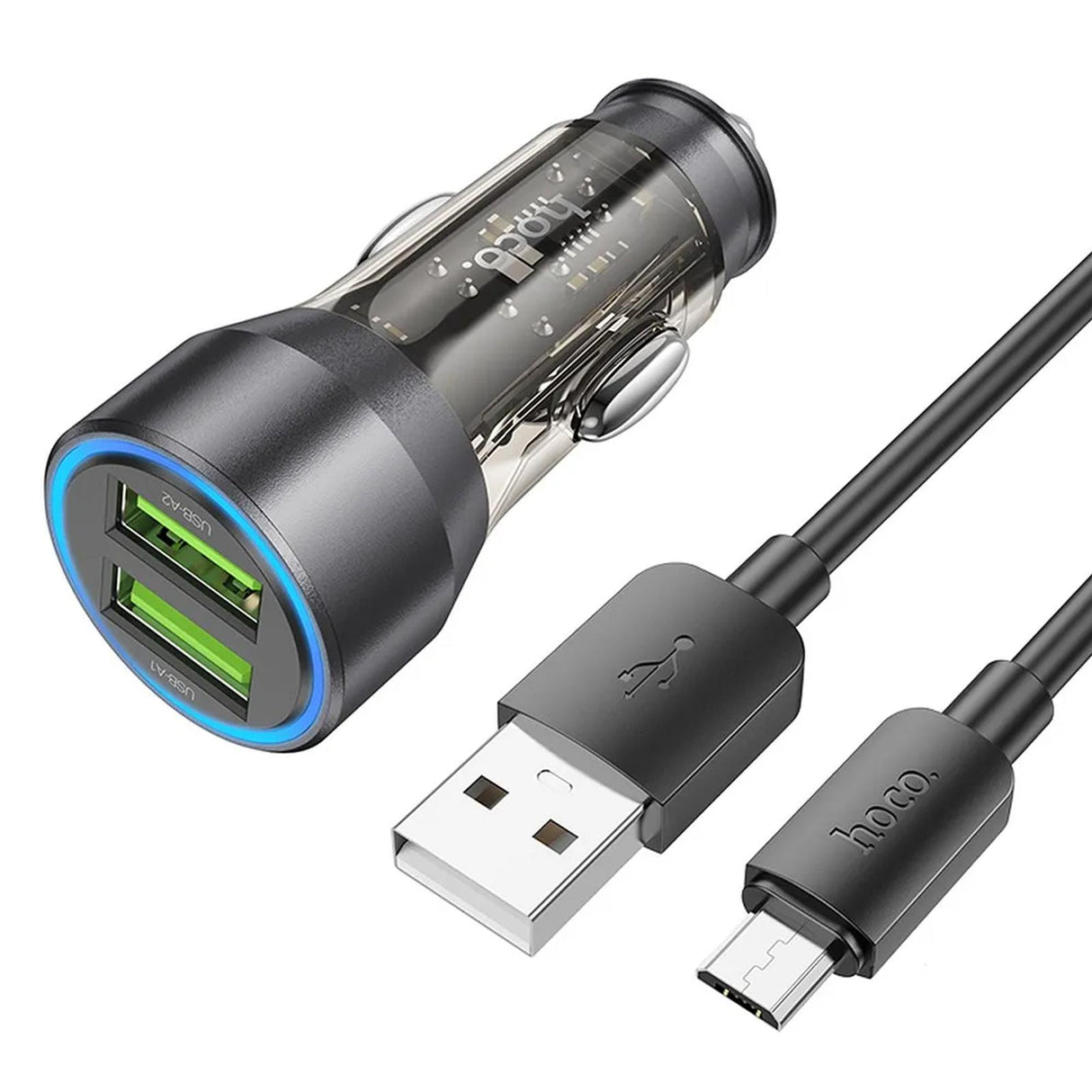 Hoco Dual-USB-Autoladeadapter, schwarz, mit transparentem Gehäuse, Schnellladefunktion, blauer LED-Anzeige und Micro-USB-Kabel.