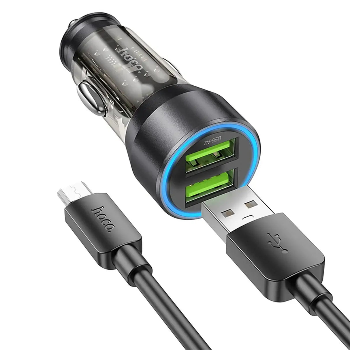Hoco KFZ Ladegerät NZ12 mit microUSB, Lightning oder USB-C Kabel in Schwarz