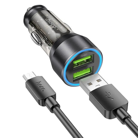 Hoco KFZ Ladegerät NZ12 mit microUSB, Lightning oder USB-C Kabel in Schwarz