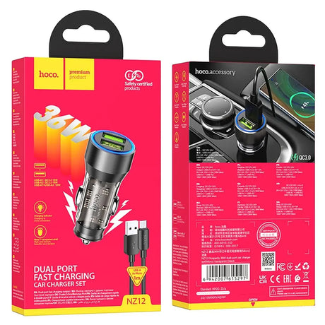 Hoco KFZ Ladegerät NZ12 mit microUSB, Lightning oder USB-C Kabel in Schwarz