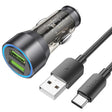 Hoco Dual-USB-Autoladeadapter, schwarz, mit transparentem Gehäuse, Schnellladefunktion, blauer LED-Anzeige und USB-A-auf-USB-C-Kabel.