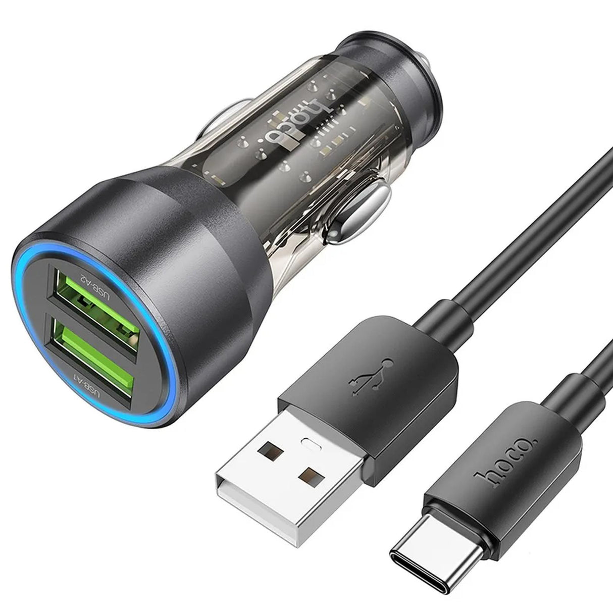 Hoco Dual-USB-Autoladeadapter, schwarz, mit transparentem Gehäuse, Schnellladefunktion, blauer LED-Anzeige und USB-A-auf-USB-C-Kabel.