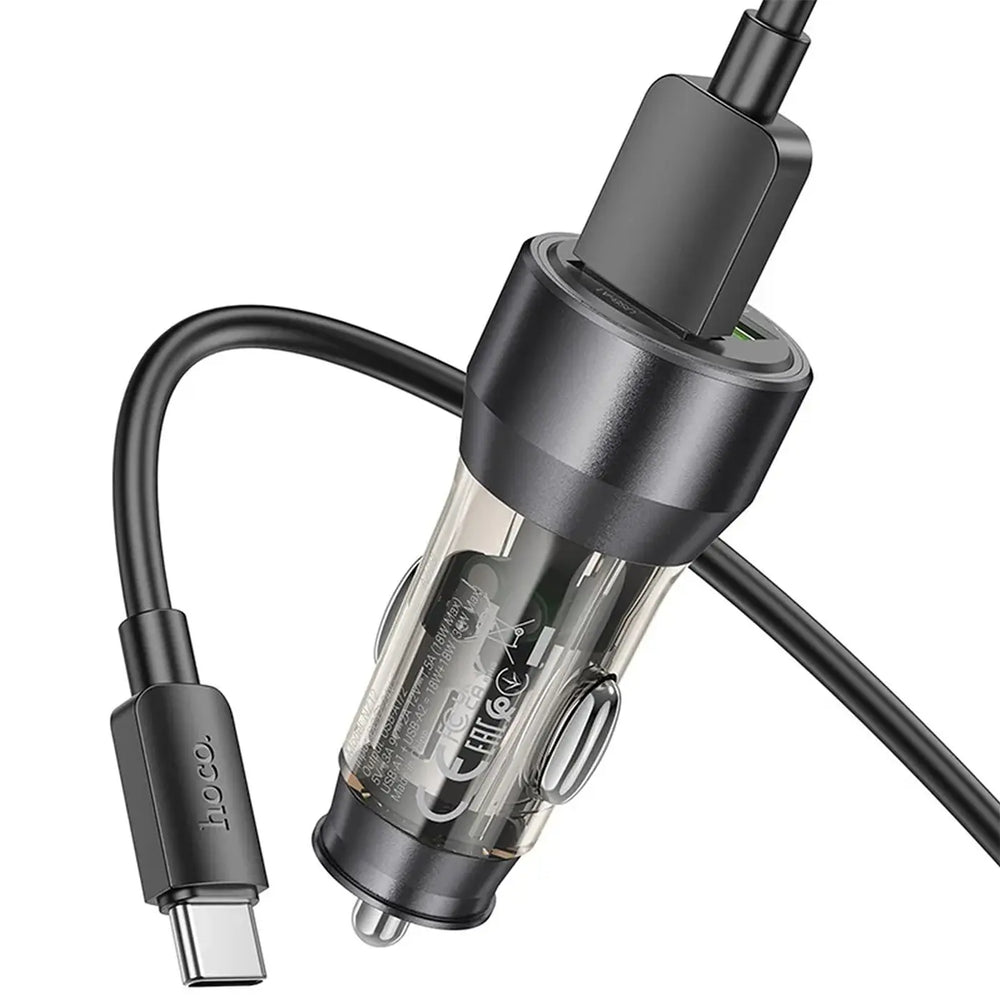 Hoco KFZ Ladegerät NZ12 mit microUSB, Lightning oder USB-C Kabel in Schwarz