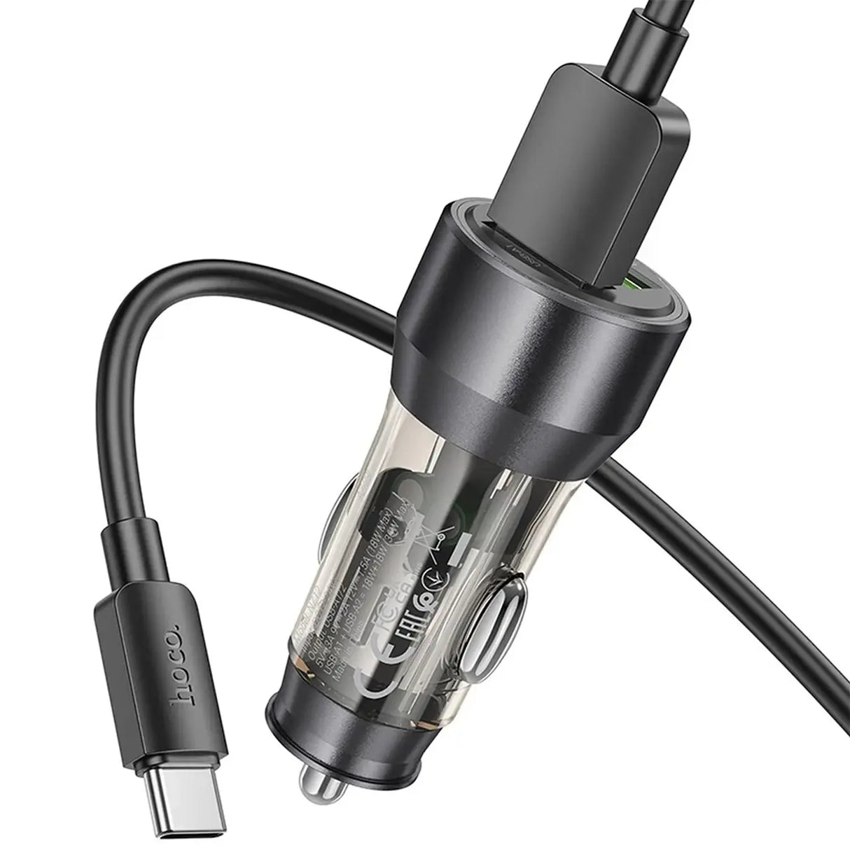 Hoco KFZ Ladegerät NZ12 mit microUSB, Lightning oder USB-C Kabel in Schwarz