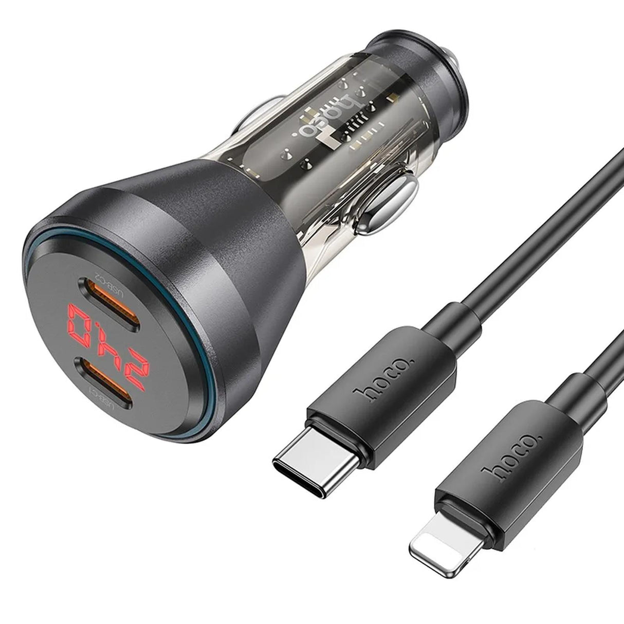 Hoco Dual-USB-C-Autoladeadapter, schwarz, mit LED-Display, Schnellladefunktion, transparentem Gehäuse und USB-C-auf-Lightning-Kabel.