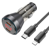 Hoco Dual-USB-C-Autoladeadapter, schwarz, mit LED-Display, Schnellladefunktion, transparentem Gehäuse und USB-C-auf-Lightning-Kabel.