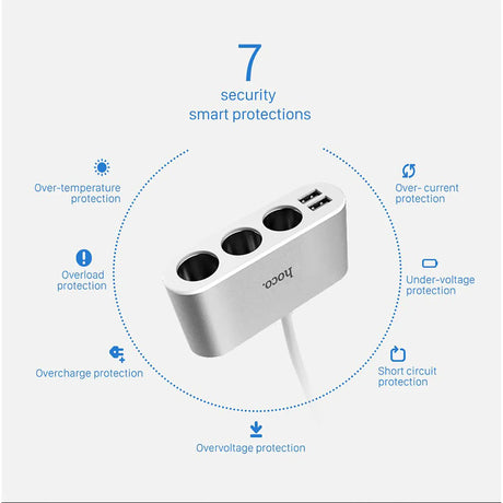 KFZ-Versorgungsverteiler Hoco LCD Z13 in Silber mit 3 KFZ-Steckdosen und 2 USB-Ports