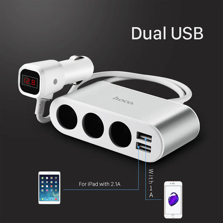 KFZ-Versorgungsverteiler Hoco LCD Z13 in Silber mit 3 KFZ-Steckdosen und 2 USB-Ports