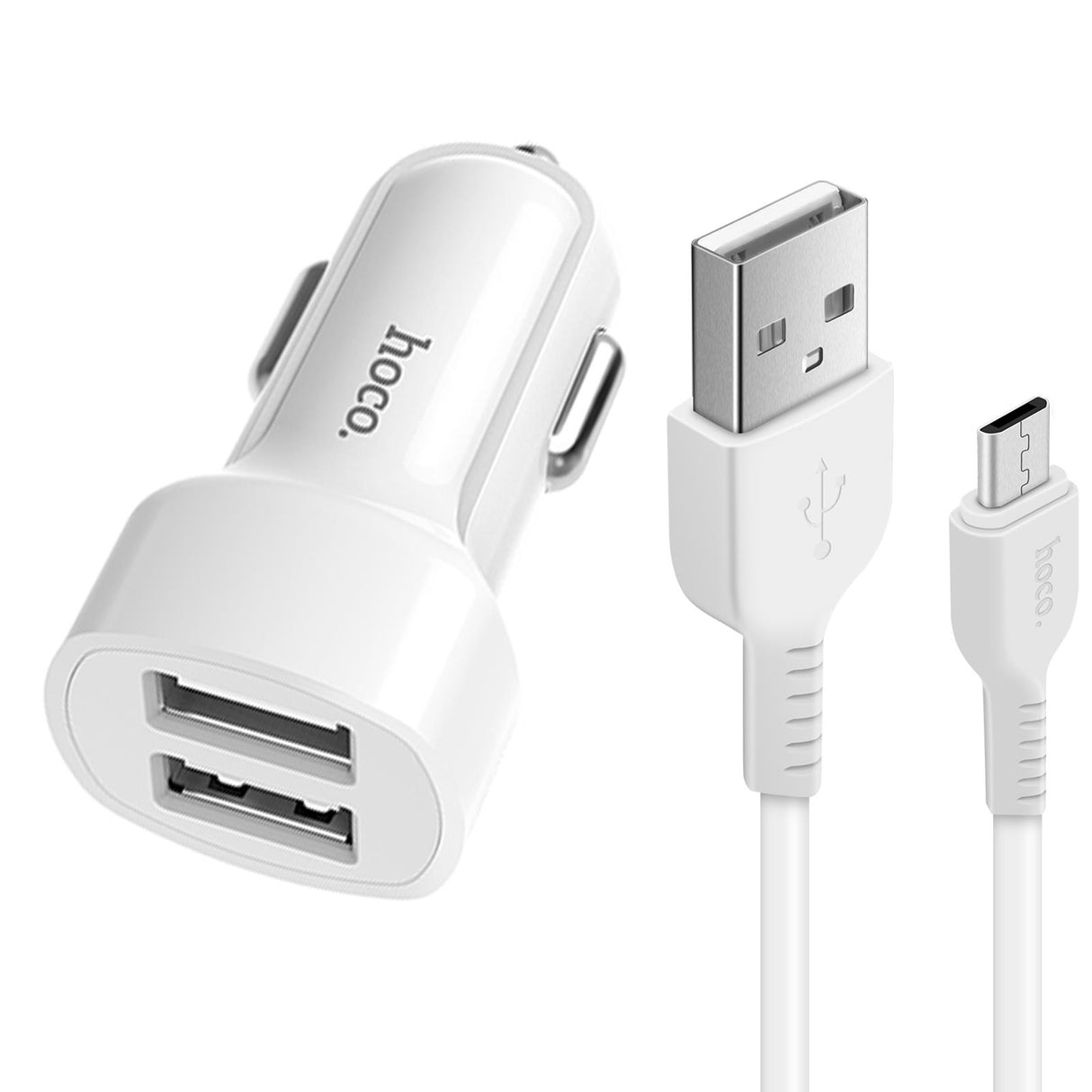 Hoco Dual-USB-Autoladeadapter, weiß, mit Schnellladefunktion und inklusive Micro-USB-Kabel für verschiedene Geräte