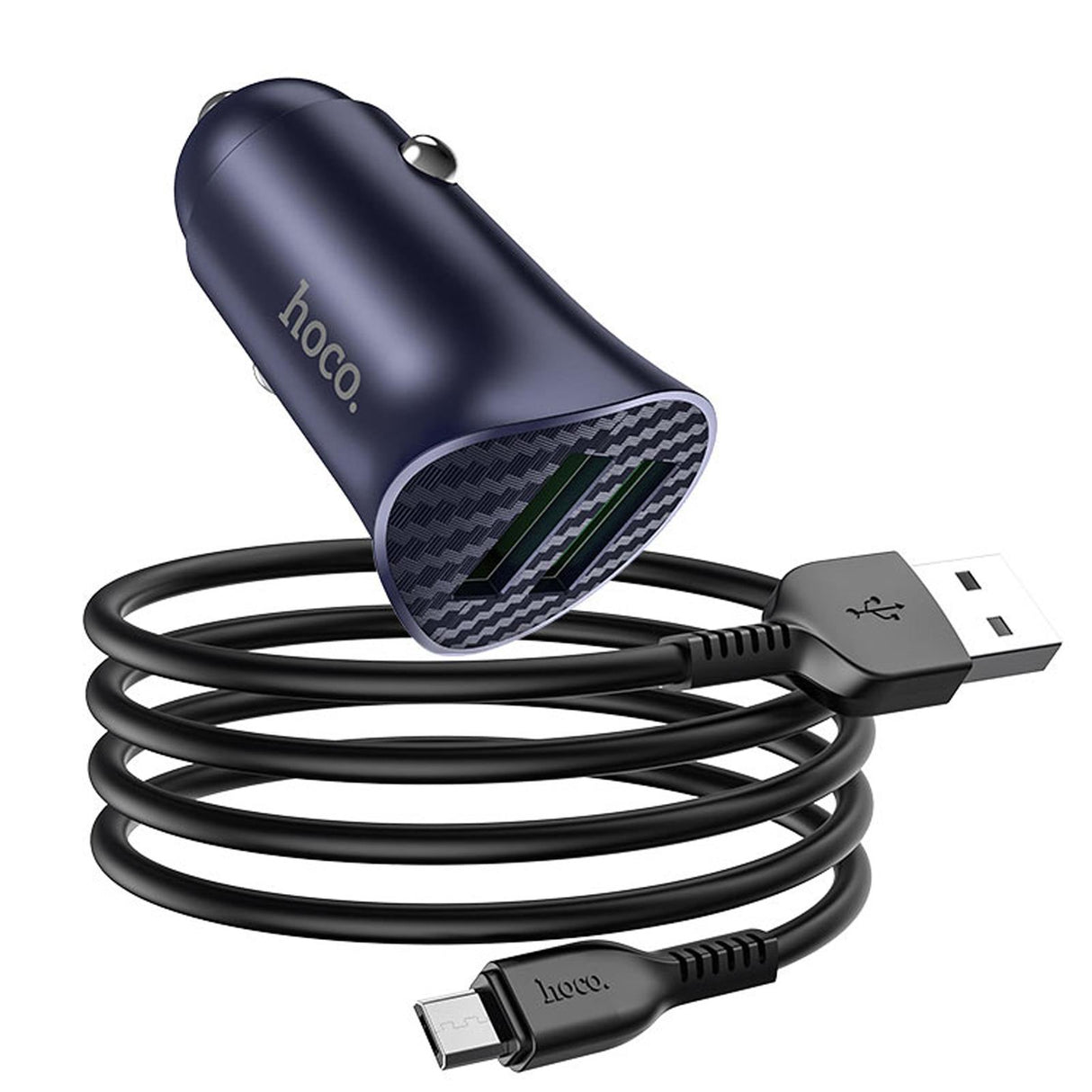 Hoco Dual-USB-Autoladeadapter in Blau, mit Schnellladefunktion und mitgeliefertem USB-auf-Lightning-Kabel für Apple-Geräte.