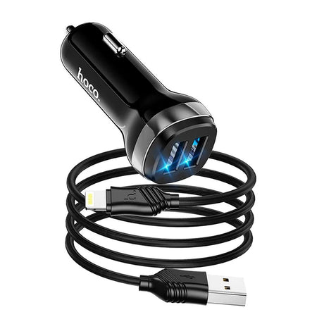 Hoco Dual-USB-Autoladeadapter, schwarz, mit Schnellladefunktion, beleuchteten Anschlüssen und mitgeliefertem Lightning-Kabel.
